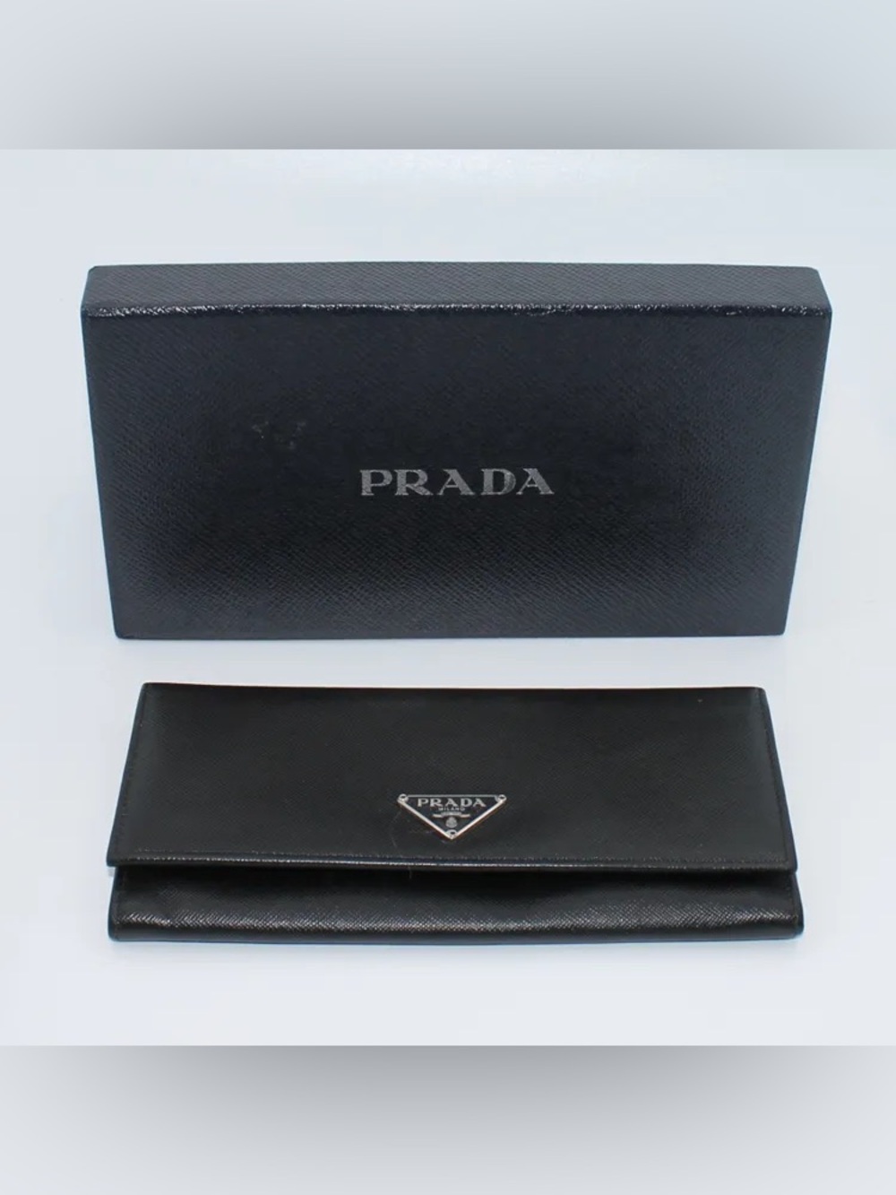 Prada Enamel Triangle Logo Saffiano Leather Continental Flap Wallet Black